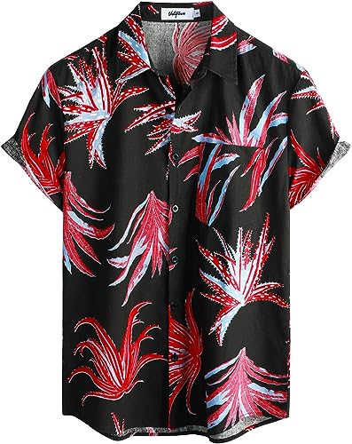 VATPAVE Mens Hawaiian Floral Shirts Cotton Linen Casual Button Down Short Sleeve Beach Shirts