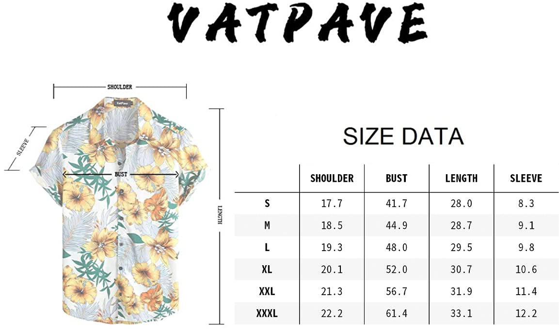 VATPAVE Mens 100% Cotton Hawaiian Shirts Button Down Short Sleeve Beach Shirts Summer Casual Aloha Shirts