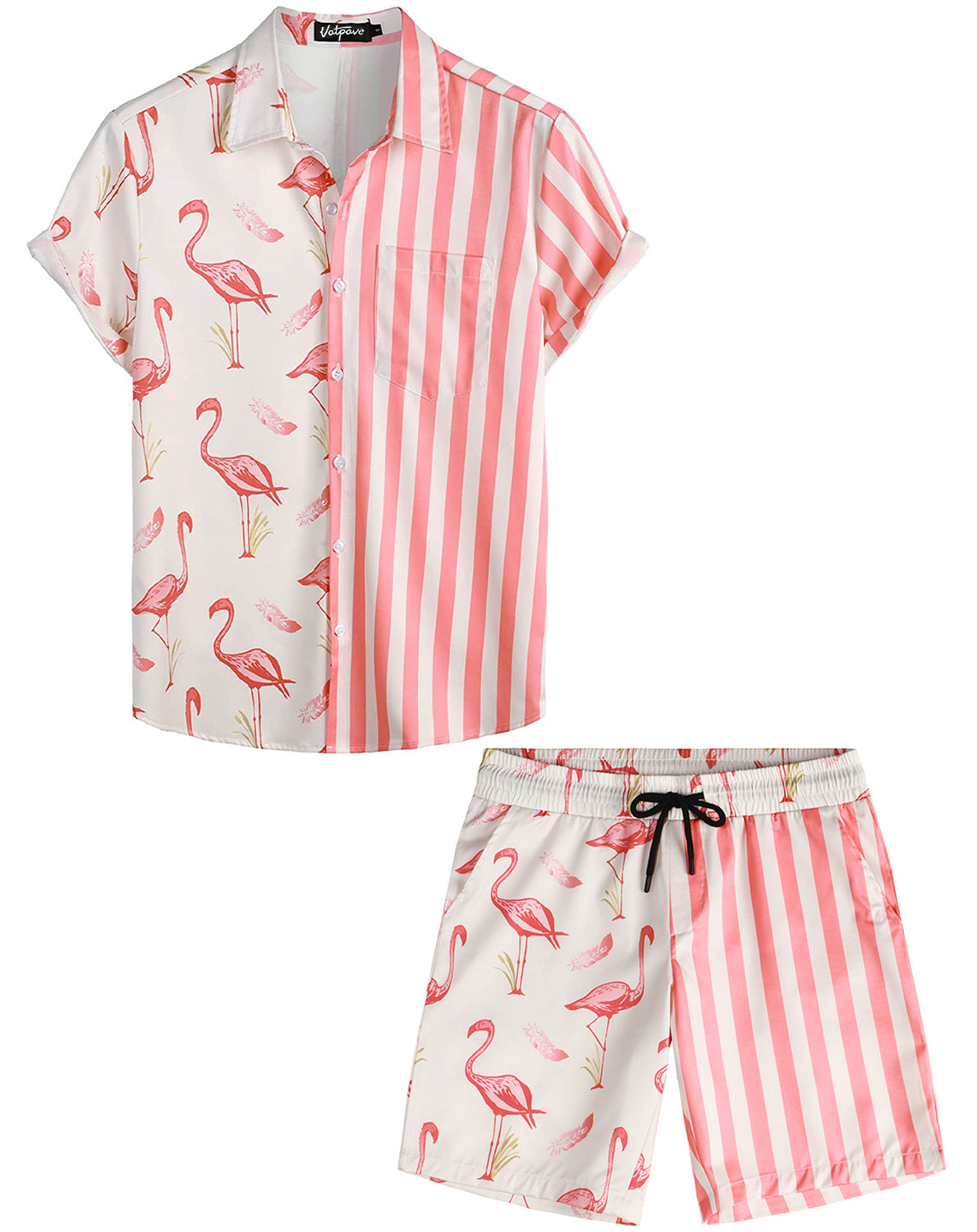 VATPAVE Mens Flamingo Hawaiian Sets Casual Short Sleeve Button Down Shirts Summer Outfits